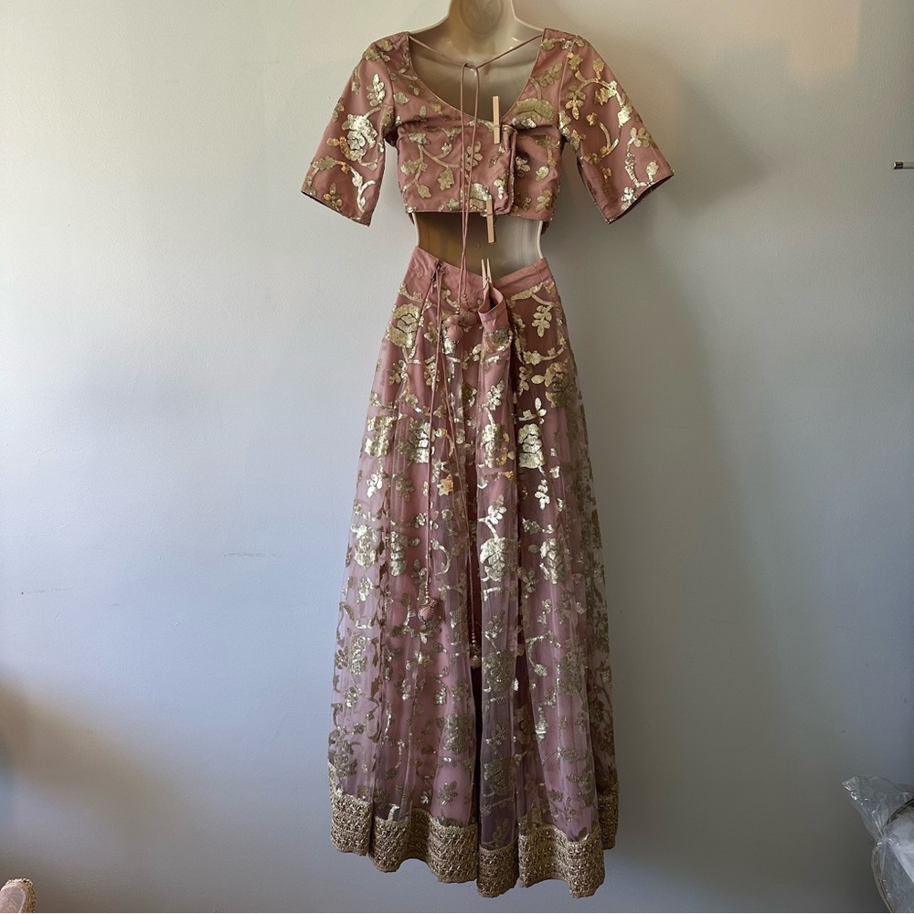 Blush Embroidered Indian Wedding Two Piece Dress with Gold Accents - Picture 6 of 16